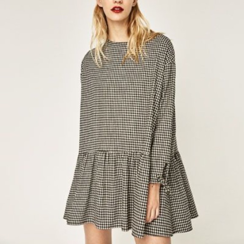 Zara Monochrome Checkered Long Sleeve Dress